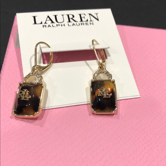 Lauren Ralph Lauren pave tortoiseshell RLL logo drop dangle earrings brand new - Picture 2 of 7